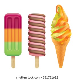 Photo realistic illustration of variety of popsicles and ice cones on white background.
