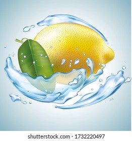 Fotorealistische isolierte VektorZitrone und transparente Wasserspritzen. Bearbeitbarer EPS-Vektor