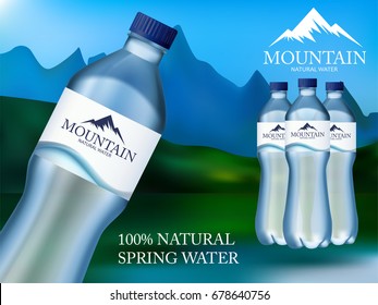 Photo Realistic Mineral water in plastic bottle advertising in editable vector format. 3d illustration