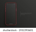 Photo Realistic Mobile Phone IPhone Vector Mockup With Blank Screen Isolated On Dark Gray Background. Photorealistic Smartphone IPhone 12 Template Concept For App UI UX Graphic Design Presentation
