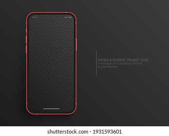 Photo Realistic Mobile Phone IPhone Vector Mockup With Blank Screen Isolated On Dark Gray Background. Photorealistic Smartphone IPhone 12 Template Concept For App UI UX Graphic Design Presentation
