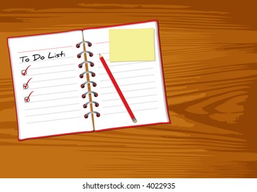 Photo realistic open notebook with to do list, memo paper and red pen on wooden table