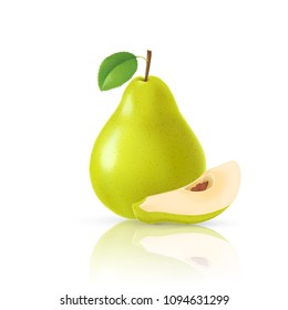 Photo realistic pear. Full editable, isolated on white. Fresh, green pear, sliced pieces. - Shutterstock ID 1094631299