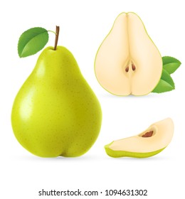 Photo realistic pear set. Full editable, isolated on white. Fresh, green pear, sliced pieces. - Shutterstock ID 1094631302
