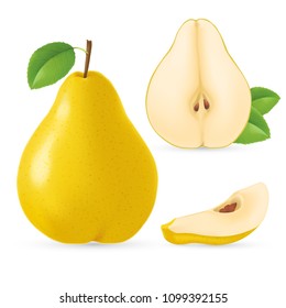 Photo realistic pear set. Full editable, isolated on white. Fresh, yellow pear, sliced pieces.