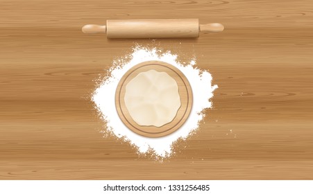 Photo realistic Rolling Pill, Dough And Flour On The Wooden Table. Vector Baking Background. Top View. Flat Lay