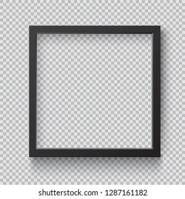 Photo Realistic Square Black Blank Picture Frame, hanging on a Wall from the Front. 
3d mockup isolated on transparent background. 
Graphic style template.
Vector illustration