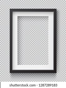 Photo Realistic Square Black Blank Picture Frame, hanging on a Wall from the Front. 
3d mockup isolated on transparent background. 
Graphic style template.
Vector illustration