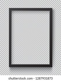 Photo Realistic Square Black Blank Picture Frame, hanging on a Wall from the Front. 
3d mockup isolated on transparent background. 
Graphic style template.
Vector illustration
