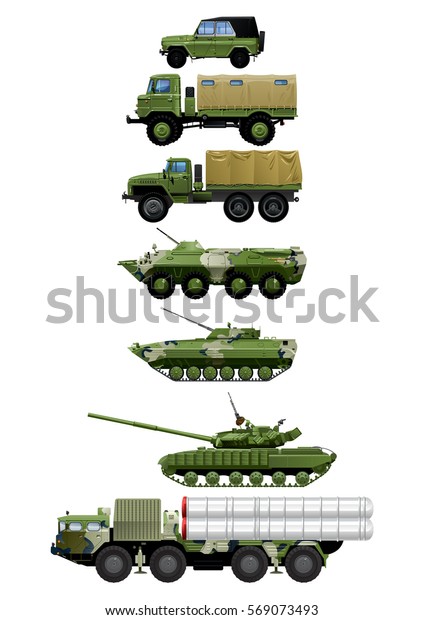 Photo\
realistic vector illustration set of different modern and vintage\
military vehicles. isolated on white\
background.