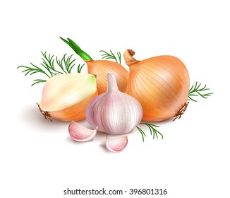 Photo realistic vector onion and garlic on white background. Vector illustration.