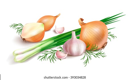 Photo realistic vector onion, green onions and garlic on white background. Vector illustration.