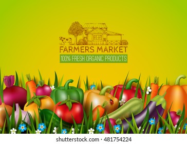 Photo realistic vector vegetables on the grass. Vegetarian healthy food. 3D effect. Concept design card with natural product. Vintage logo with farmers house and cow. 