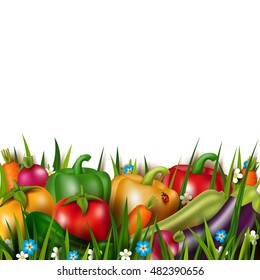 Photo realistic vector vegetables on the grass. Vegetarian healthy food. 3D effect. Concept design card with natural product. Isolated elements.