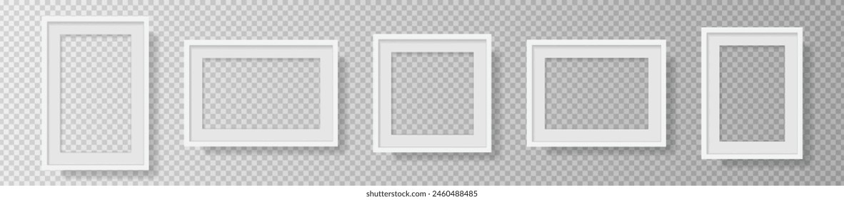 Photo Realistic White Blank Picture Frame, hanging on a Wall from the Front. mockup isolated on transparent background. Graphic style template. Vector illustration