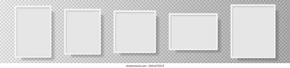 Photo Realistic White Blank Picture Frame, hanging on a Wall from the Front. mockup isolated on transparent background. Graphic style template. Vector illustration