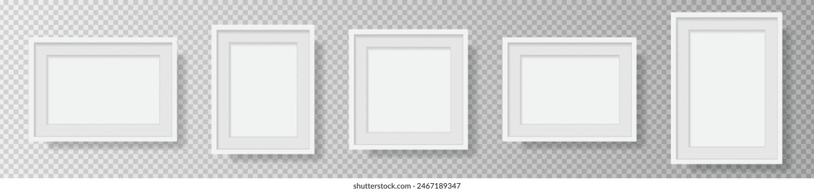 Photo Realistic White Blank Picture Frame, hanging on a Wall from the Front. mockup isolated on transparent background. Graphic style template. Vector illustration