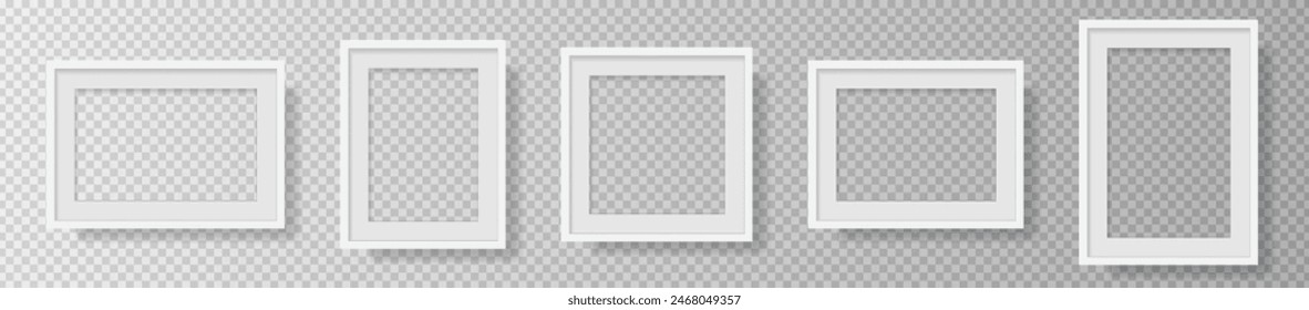 Photo Realistic White Blank Picture Frame, hanging on a Wall from the Front. mockup isolated on transparent background. Graphic style template. Vector illustration