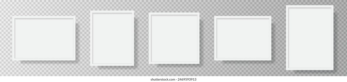 Photo Realistic White Blank Picture Frame, hanging on a Wall from the Front. mockup isolated on transparent background. Graphic style template. Vector illustration