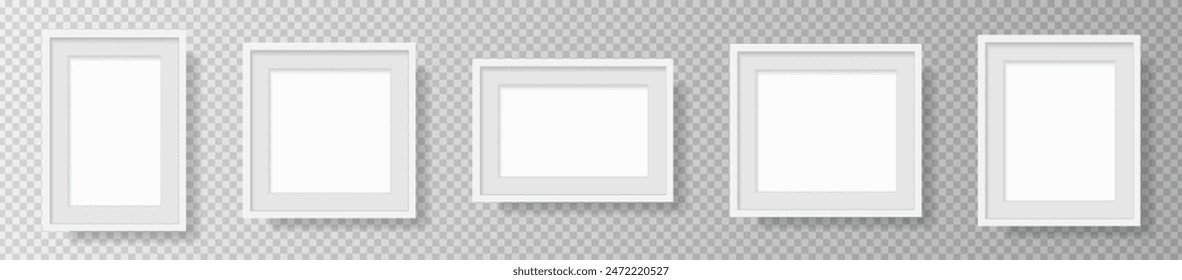 Marco de imagen en blanco realista de la foto, colgando en una pared del frente. maqueta aislada sobre fondo transparente. Plantilla de estilo gráfico. Ilustración vectorial