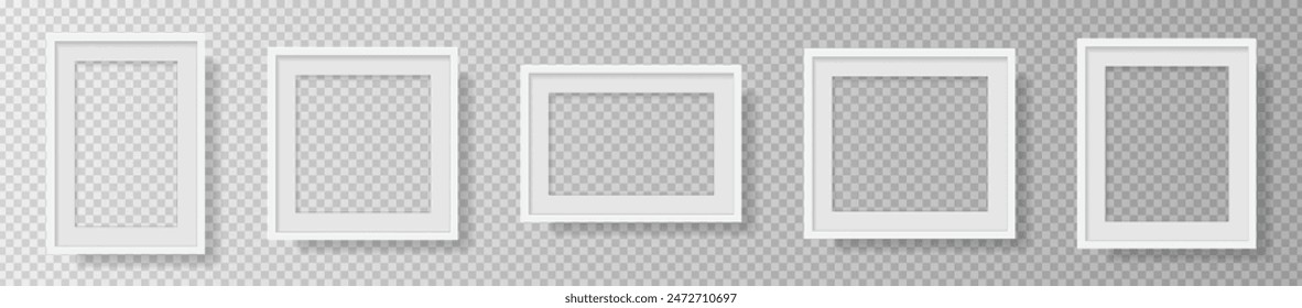 Photo Realistic White Blank Picture Frame, hanging on a Wall from the Front. mockup isolated on transparent background. Graphic style template. Vector illustration