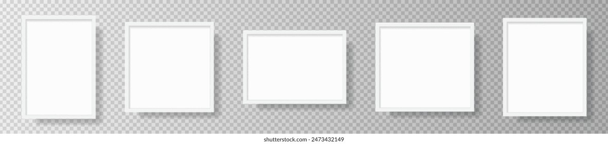 Photo Realistic White Blank Picture Frame, hanging on a Wall from the Front. mockup isolated on transparent background. Graphic style template. Vector illustration