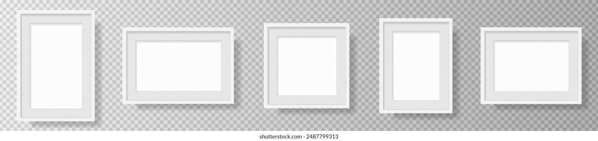 Photo Realistic White Blank Picture Frame, hanging on a Wall from the Front. mockup isolated on transparent background. Graphic style template. Vector illustration