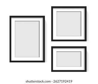 Photo Realistic White Blank Picture Frame. Picture frames set with shadow white background. Realistic picture frame mockup black border set.