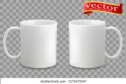 Photo realistic white cup isolated on the transparent background. Design Template for Mock Up. Vector illustration. Template ceramic clean white mug with a matte effect, without the bright glare.