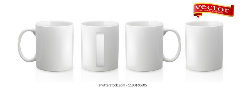 Photo realistic white cup isolated on white background. Design Template for Mock Up. Vector illustration. Template ceramic clean white mug with matte effect, without the bright glare. White tea mug.