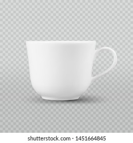 Photo realistic white cup isolated on plaid transparent like background. Vector template for mock up. Drink mug vector illustration for your design and business