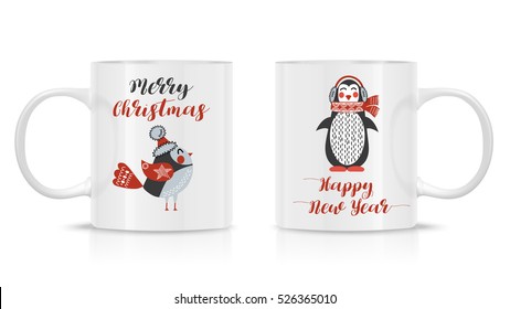 Photo realistic white cup isolated on the white background, with New Year and Christmas illustration. Design Template for Mock Up. Vector. Two mug mock-up. 