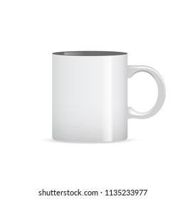 Photo realistic white cup mug isolated on the white background. Template for Design Mock Up. Vector illustration. 