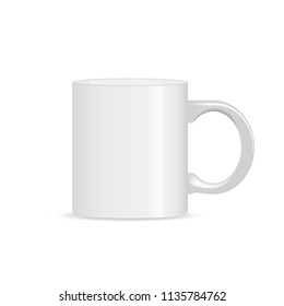 Photo realistic white cup mug isolated on the white background. Template for Design Mock Up. Vector illustration. 