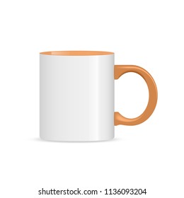 Photo realistic white cup mug isolated on the white background. Template for Design Mock Up. Vector illustration. 