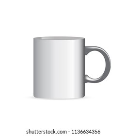 Photo realistic white cup mug isolated on the white background. Template for Design Mock Up. Vector illustration. 