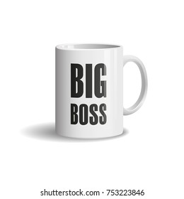 Photo realistic white cup on white background. Big Boss. Design Mock Up Template. Vector illustration