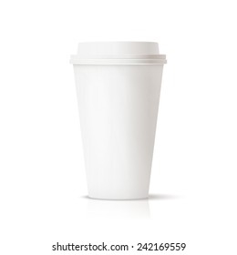 Photo realistic white travel mug, coffee cup. Isolated