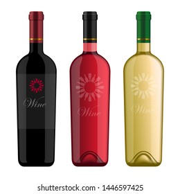 Photo realistic wine bottles with logo in different style and color. Rose, red wine, white wine. Studio lighting effect.