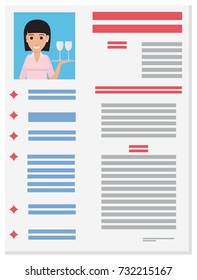 Photo of responsive waitress with glasses on tray in pink shirt added to resume with full information vector illustration.