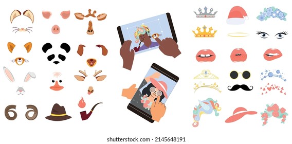 Photo selfie filter set of flat isolated cartoon face masks ears hats and lips with smartphones vector illustration