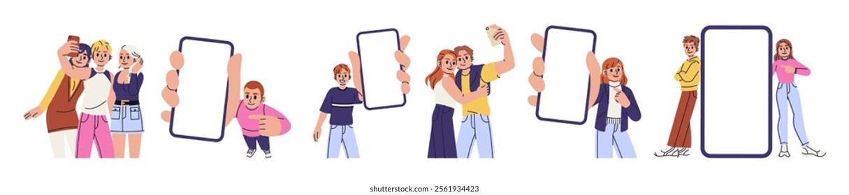 Photo selfie. Hand shows phone screen. Picture on your smartphone, group of people together. Posing for person, portrait of young character, man and woman selfie, gadget mockup. Vector illustration