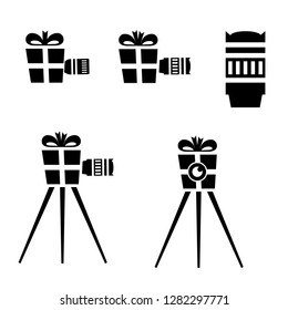 Photo session as a gift. Camera with a bow in gift box icon set isolated on white background. Vector illustration.