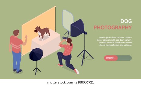 Photo session horizontal banner with kneeling female photographer photographing dog staying on box near owner isometric vector illustration