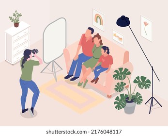 Photo session isometric background with invitee professional female photographer shooting family sitting on sofa in home interior vector illustration