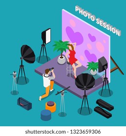 Photo session isometric background with young woman in red dress posing for photographer in studio vector illustration