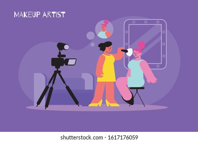 Photo session makeup flat composition with characters of visagiste face painter and model near professional camera vector illustration