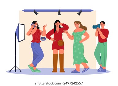 Photo session models. Photographer with camera takes pictures of young girls. Studio with spotlights. Paparazzi and cameraman with equipment. Flat vector illustration isolated on white background