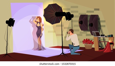 Photo session, photoshoot flat vector illustration. Professional photographer and model in spotlights cartoon characters. Beautiful young woman in evening dress posing. Cameraman taking pictures