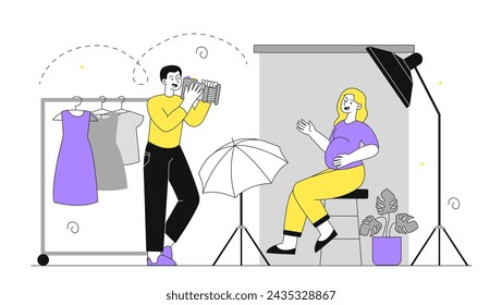 Photo session pregnant woman doodle. Young girl came to photographer. Papparazzi with camera. Photo studio with softbox. Simple flat vector illustration isolated on white background